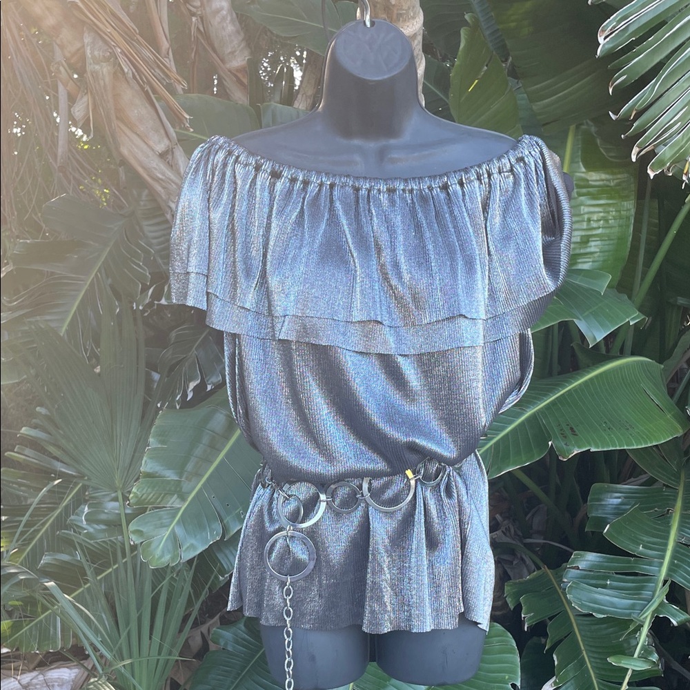 Michael Kors silver ruffled off the shoulder top